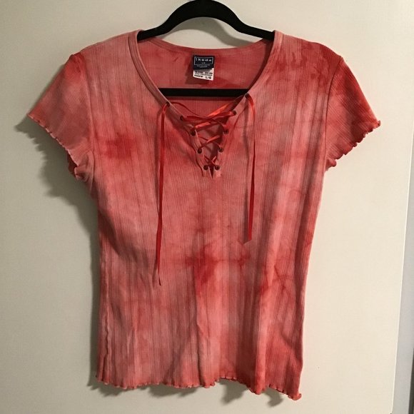 Ikeda Red Acid Wash V neck t shirt with ribbon tie - Picture 1 of 6